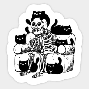 Skeleton chilling with a bunch of black cats Sticker